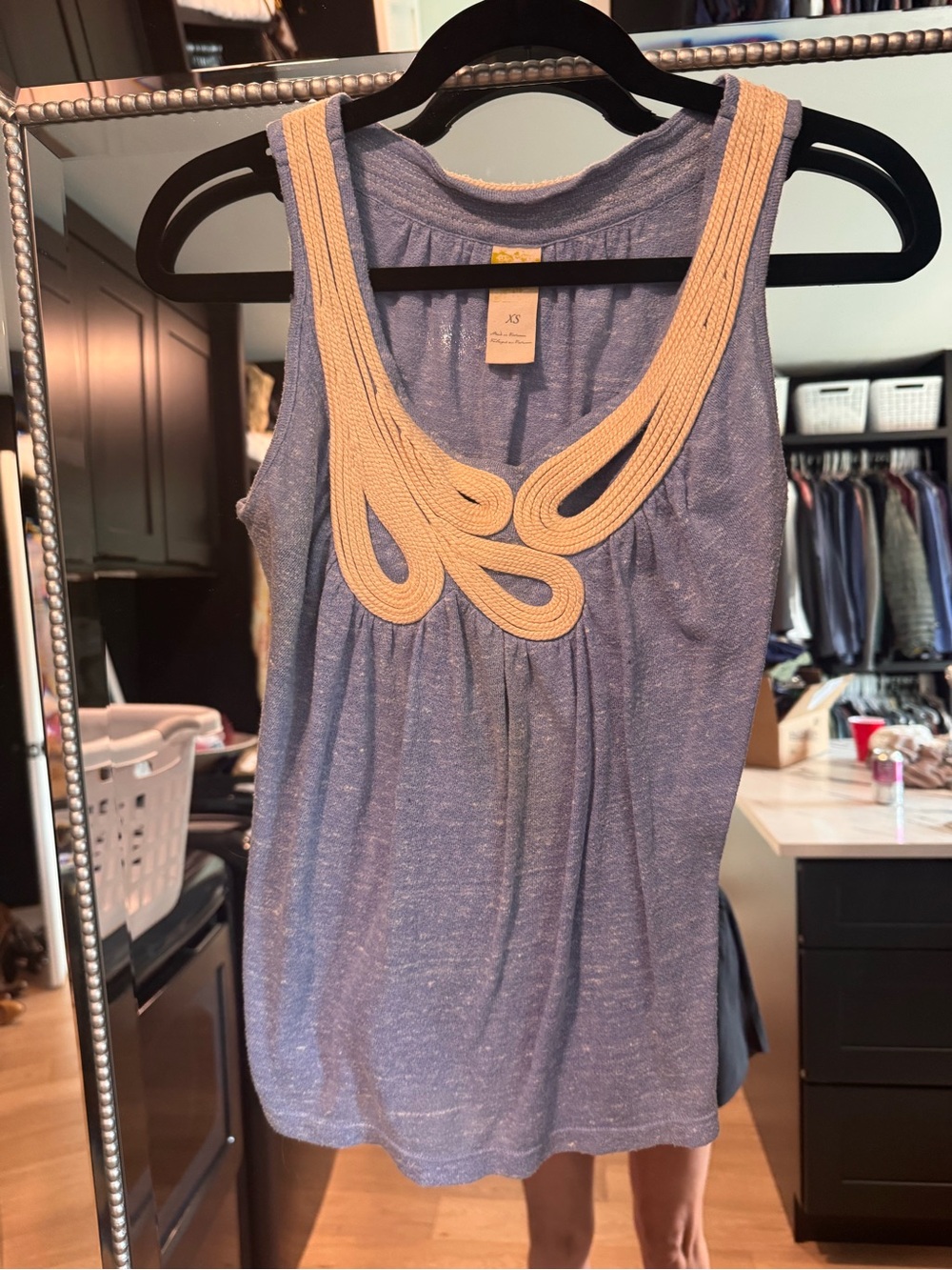 Anthropologie Periwinkle Tank with Cream Braided Neckline
